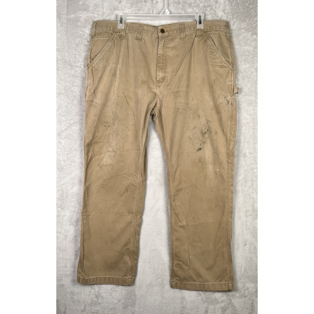 Carhartt DISTRESSED Pants Mens 44X30 Canvas Carpenter Tan Stains Thrashed B324